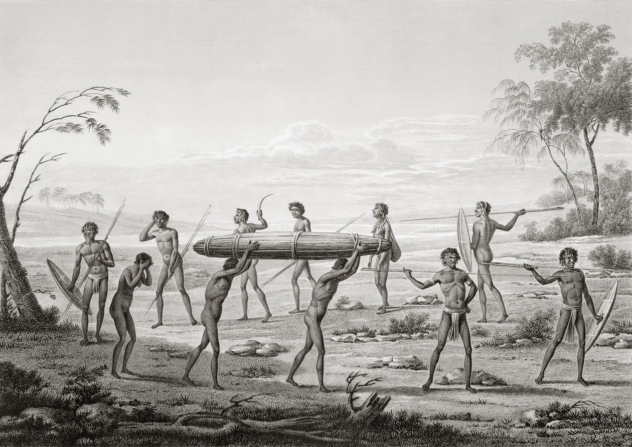 بورت جاكسون ، نيو هولاند: مراسم دفن السكان الأصليين ، من &39;Voyage Autour du Monde (1817-20)&39; ، بقلم لويس كلود ديساولس دي فريسينت (1779-1842) منقوش بواسطة Lerouge و Villerey ، تم نشره 1822-24 ( بواسطة بيير أنطوان مارشيس