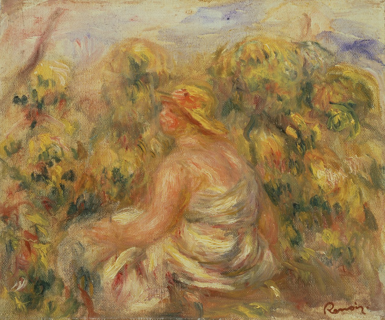 امرأة ذات قبعة في منظر طبيعي c.1918 بواسطة بيير أوغست رينوار