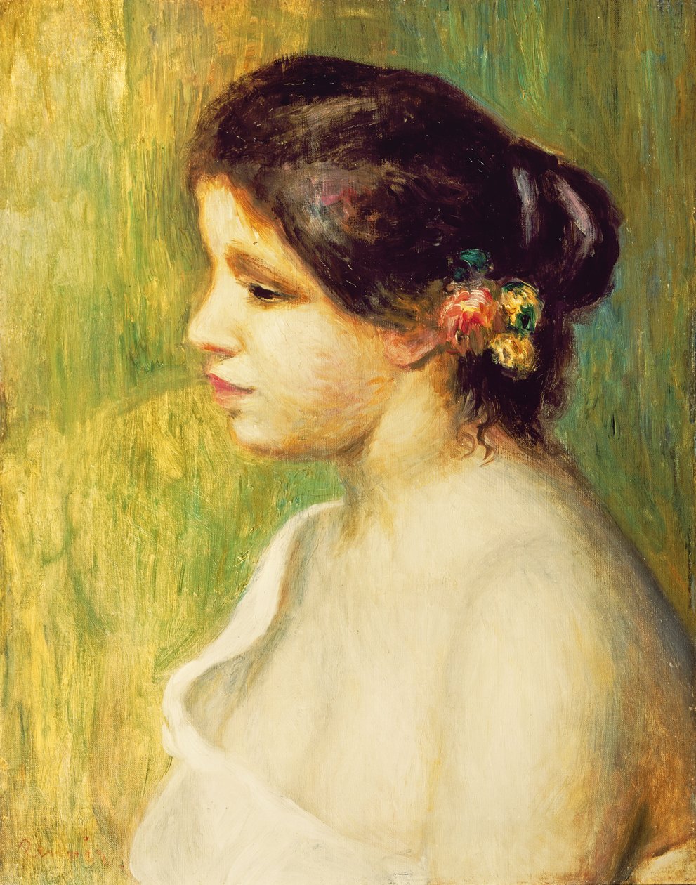 امرأة شابة مع زهور في أذنها ، 1898 بواسطة بيير أوغست رينوار