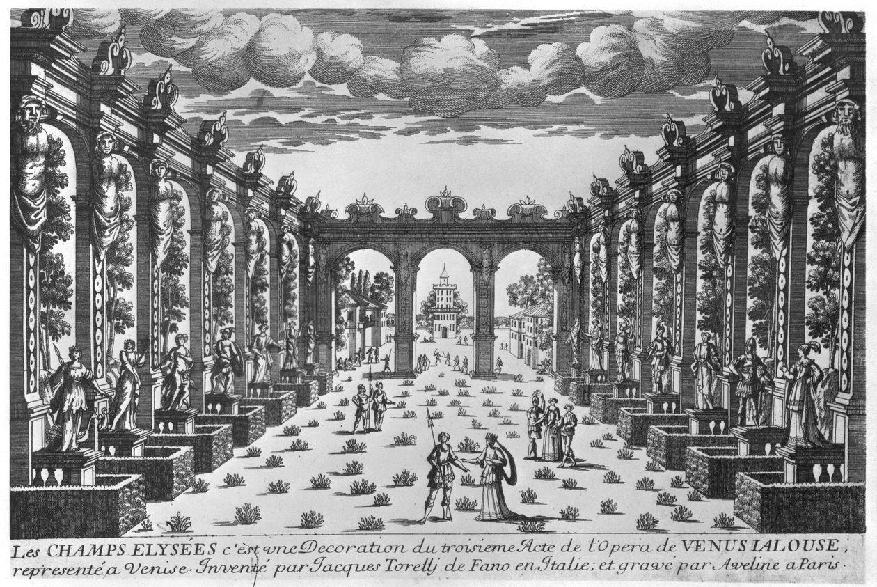 تصميم المرحلة من قبل جياكومو توريلي (1608-78) لأوبرا "Venere Gelosa" التي أجريت في عام 1643 في مسرح نوفيسيمو في البندقية بواسطة بيير الكسندر افلين