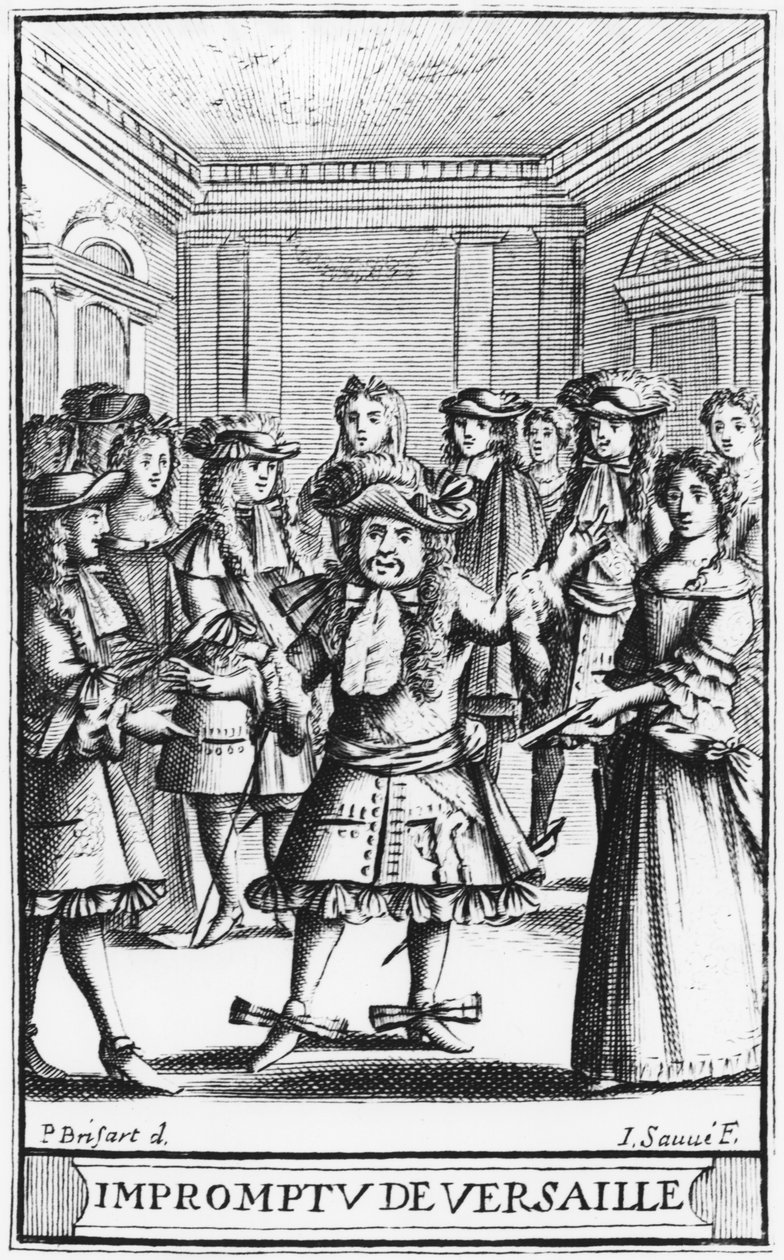 رسم توضيحي على الوجه الأمامي من فيلم "Impromptu de Versailles" لموليير ، محفور بواسطة Jean Sauve (fl.1660-91) الطبعة الأولى 1663 بواسطة بيير بريسارت