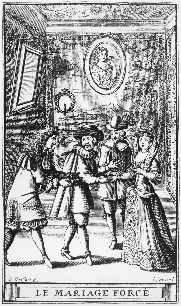 رسم توضيحي على الوجه الأمامي من &39;Le Mariage force&39; بواسطة موليير ، محفور بواسطة جان سوف (fl.1660-91) c.1664 بواسطة بيير بريسارت
