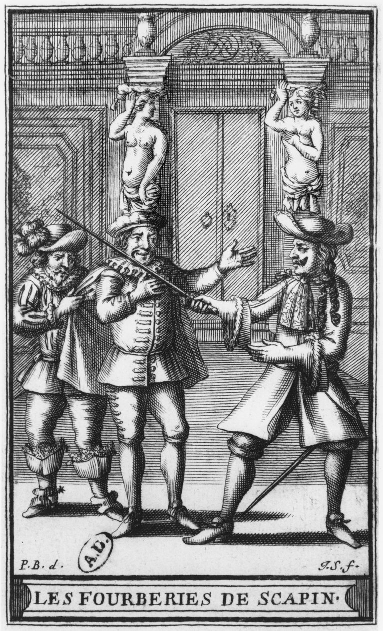 رسم توضيحي على الوجه الأمامي من فيلم "Les Fourberies de Scapin" بواسطة Moliere ، محفور بواسطة Jean Sauve (fl.1660-91) c.1671 بواسطة بيير بريسارت