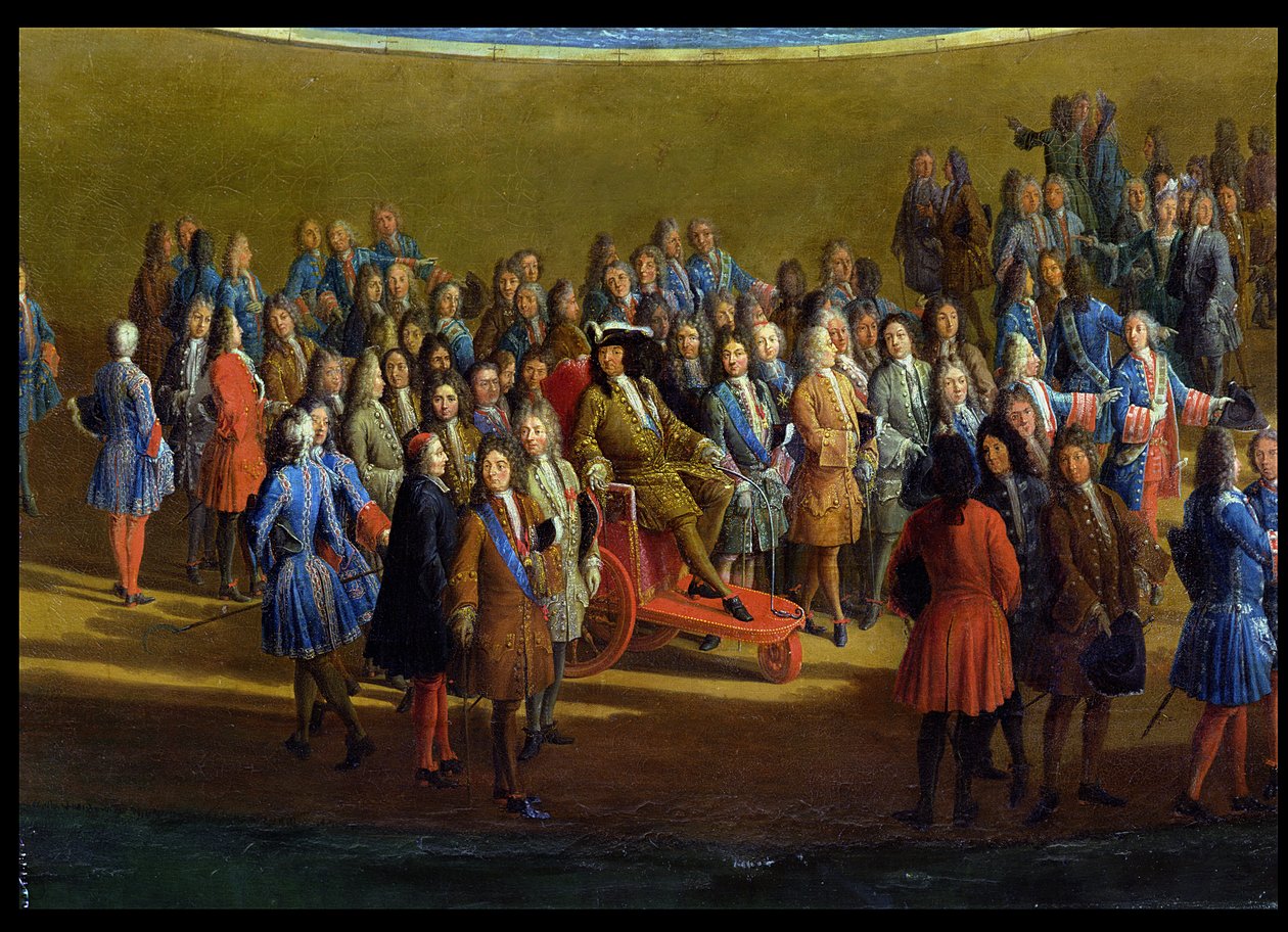 منظر لباسين دابولون في حدائق فرساي ، تفاصيل لويس الرابع عشر (1638-1715) وفناءه ، 1713 بواسطة بيير دينيس مارتن