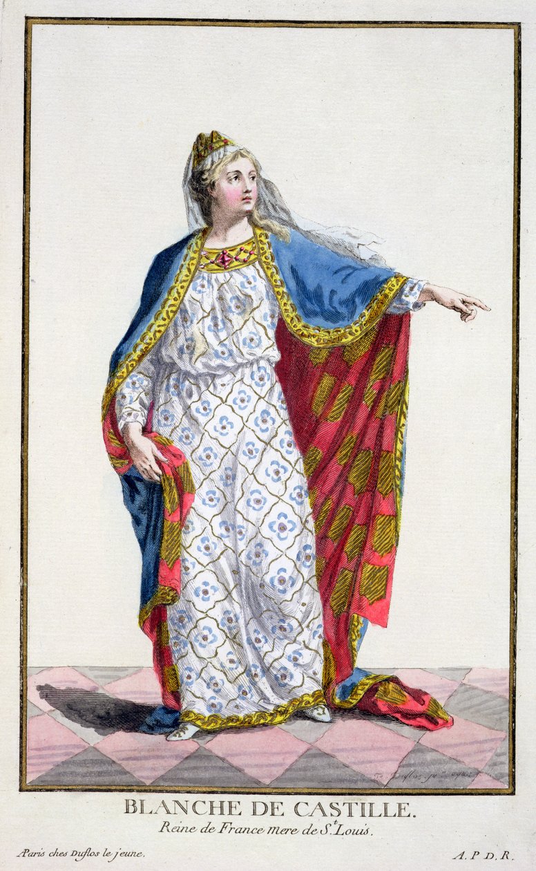 Blanche de Castile (118588-1252) ملكة فرنسا من "Receuil des Estampes ، التي تمثل الرتب والكرامات ، وفقًا لزي جميع الأمم الموجودة" ، تم نشره عام 1780 (ألوان يدوية) بواسطة بيير دوفلوس