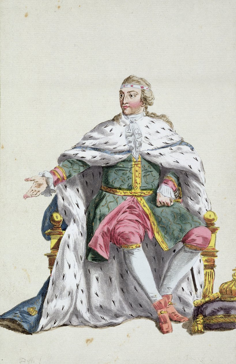 تشارلز الثاني عشر (1682-1718) ملك السويد من "مجموعة المطبوعات التي تمثل الرتب والكرامات ، وفقًا لزي جميع الأمم الموجودة" ، تم نشره عام 1780 (نقش يدوي اللون بواسطة بيير دوفلوس