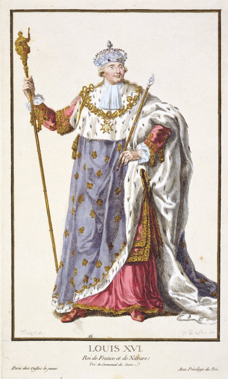 لويس السادس عشر (1754-93) ملك فرنسا (1774-1792) من &39;Receuil des Estampes ، الذي يمثل الرتب والكرامات ، وفقًا لزي جميع الأمم الموجودة&39; ، تم نشره عام 1780 (المهندس الملون يدويًا بواسطة بيير دوفلوس