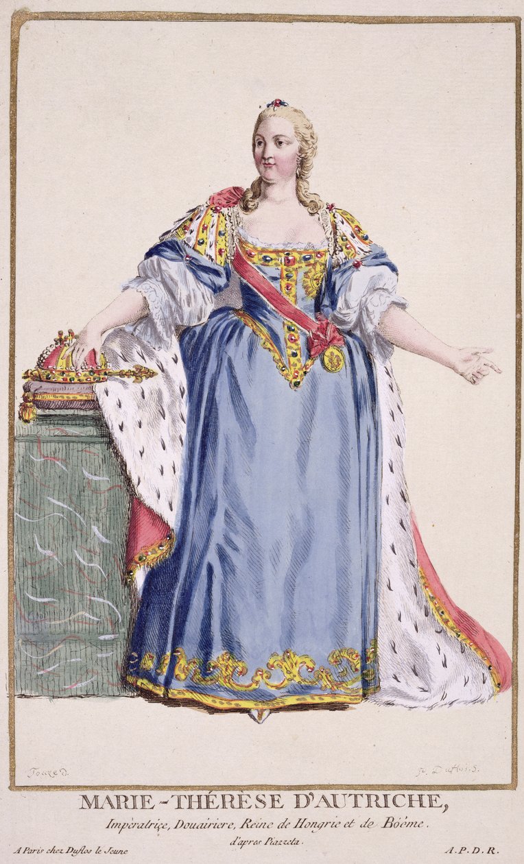 ماريا تيريزا (1717-80) إمبراطورة النمسا ، من "مجموعة المطبوعات ، التي تمثل الرتب والكرامات ، وفقًا لزي جميع الأمم الموجودة" ، تم نشرها عام 1780 (engr ملونة باليد) بواسطة بيير دوفلوس