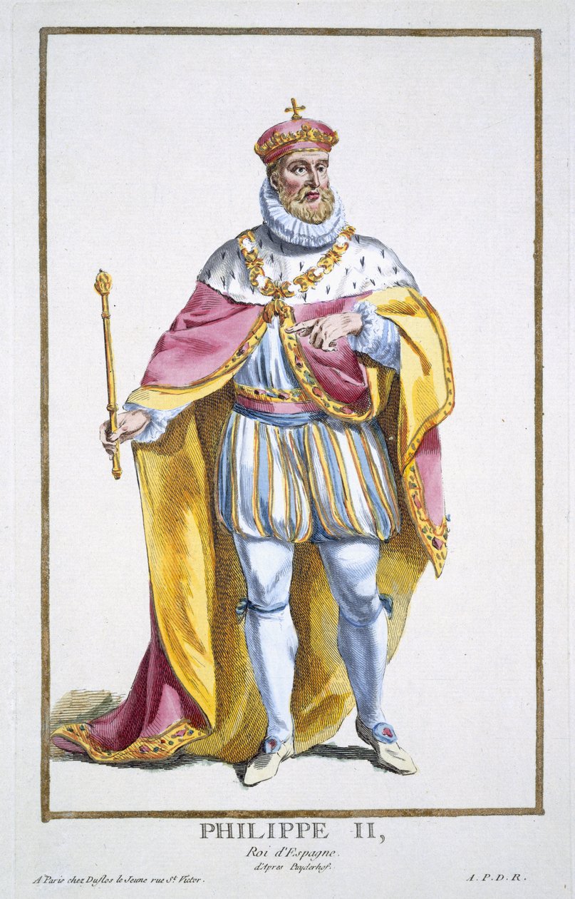 فيليب الثاني (1527-98) ملك إسبانيا من "مجموعة المطبوعات ، التي تمثل الرتب والكرامات ، وفقًا لزي جميع الأمم الموجودة" ، تم نشره عام 1780 (نقش يدوي) بواسطة بيير دوفلوس