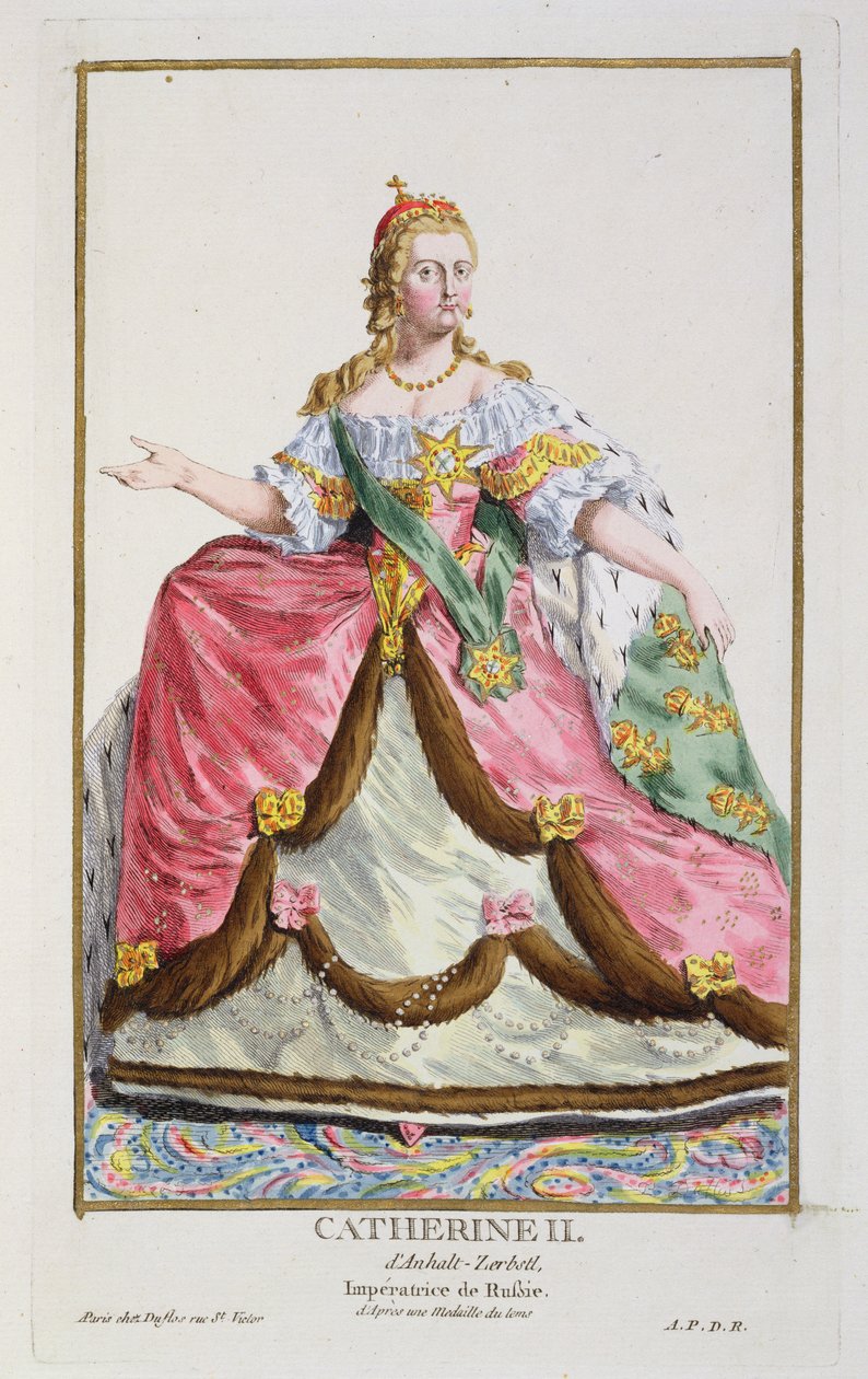 صورة الإمبراطورة كاثرين الثانية "العظمى" لروسيا (1729-96) ، من مجموعة من اللوحات التي تصور أزياء مختلفة للعالم ، 1780 (نقش نحاسي ملون يدويًا بالذهب) بواسطة بيير دوفلوس