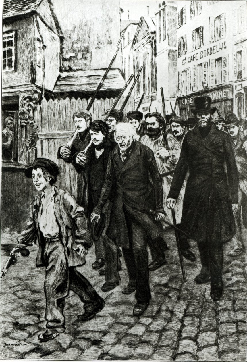 Gavroche يقود مظاهرة ، التوضيح من "البؤساء" بقلم فيكتور هوغو بواسطة بيير جورج جينيوت
