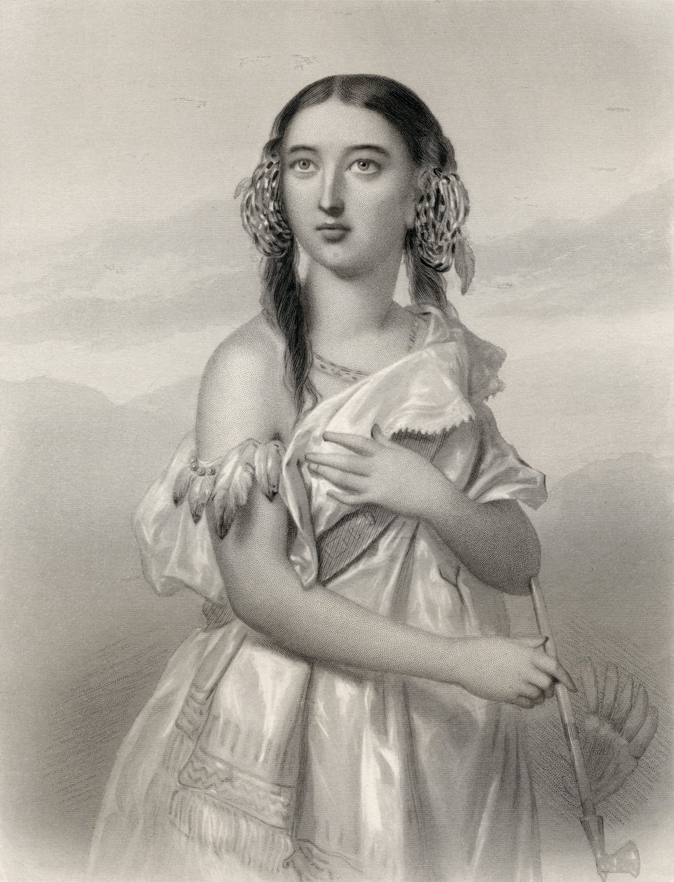 بوكاهونتاس (1595-1617) رسم توضيحي من "نساء العالم البارزات" بقلم ماري كاودن كلارك ، 1858 بواسطة بيير جوستاف يوجين ستال