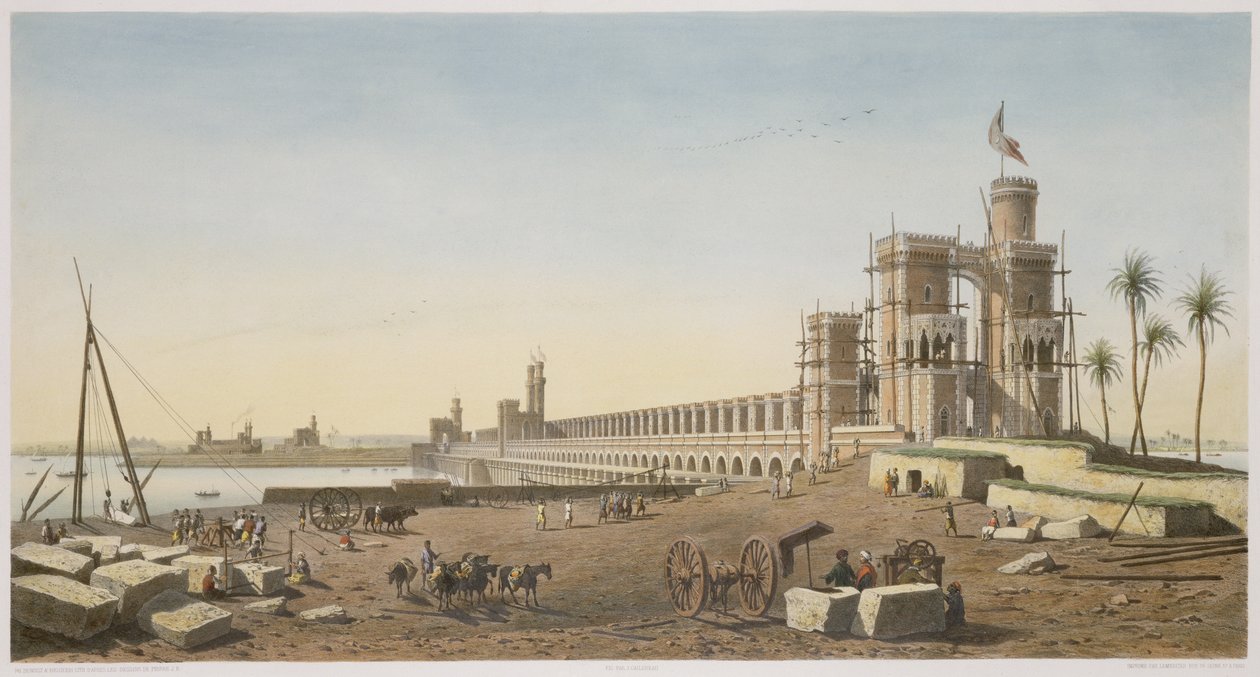 السد عبر النيل ، بناء سد أسوان ، محفور من قبل فيليب بنويست (1813-ج 1905) ويوجين سيسيري (1813-90) 1853 بواسطة بيير جوزيف بازين