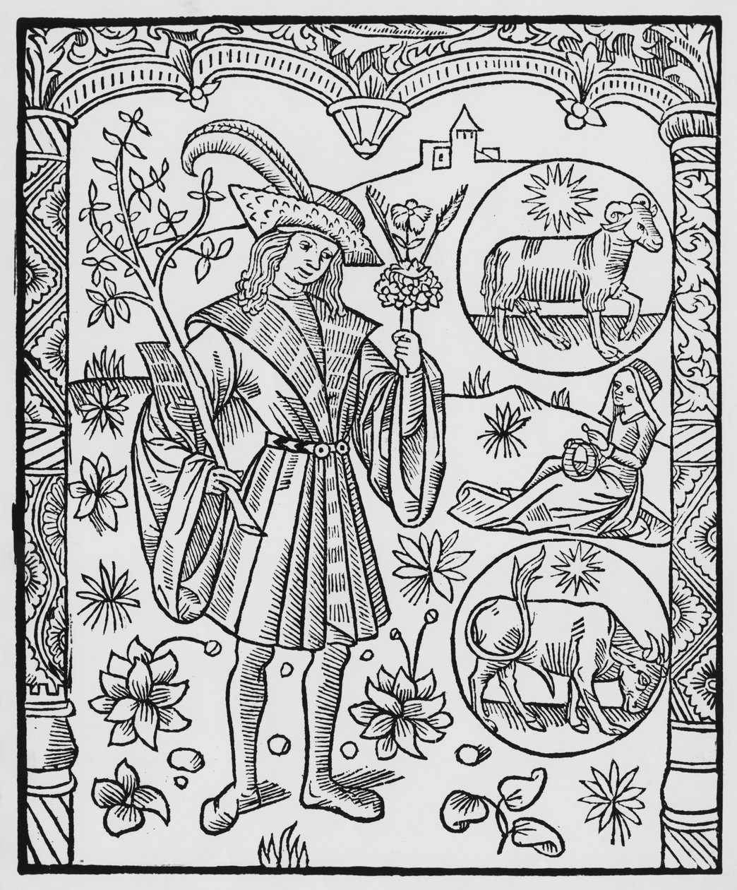 أبريل ، الزهور ، الحمل ، التوضيح من "Almanach des Bergers" ، 1491 (صورة مطبوعة) بواسطة بيير لو روج