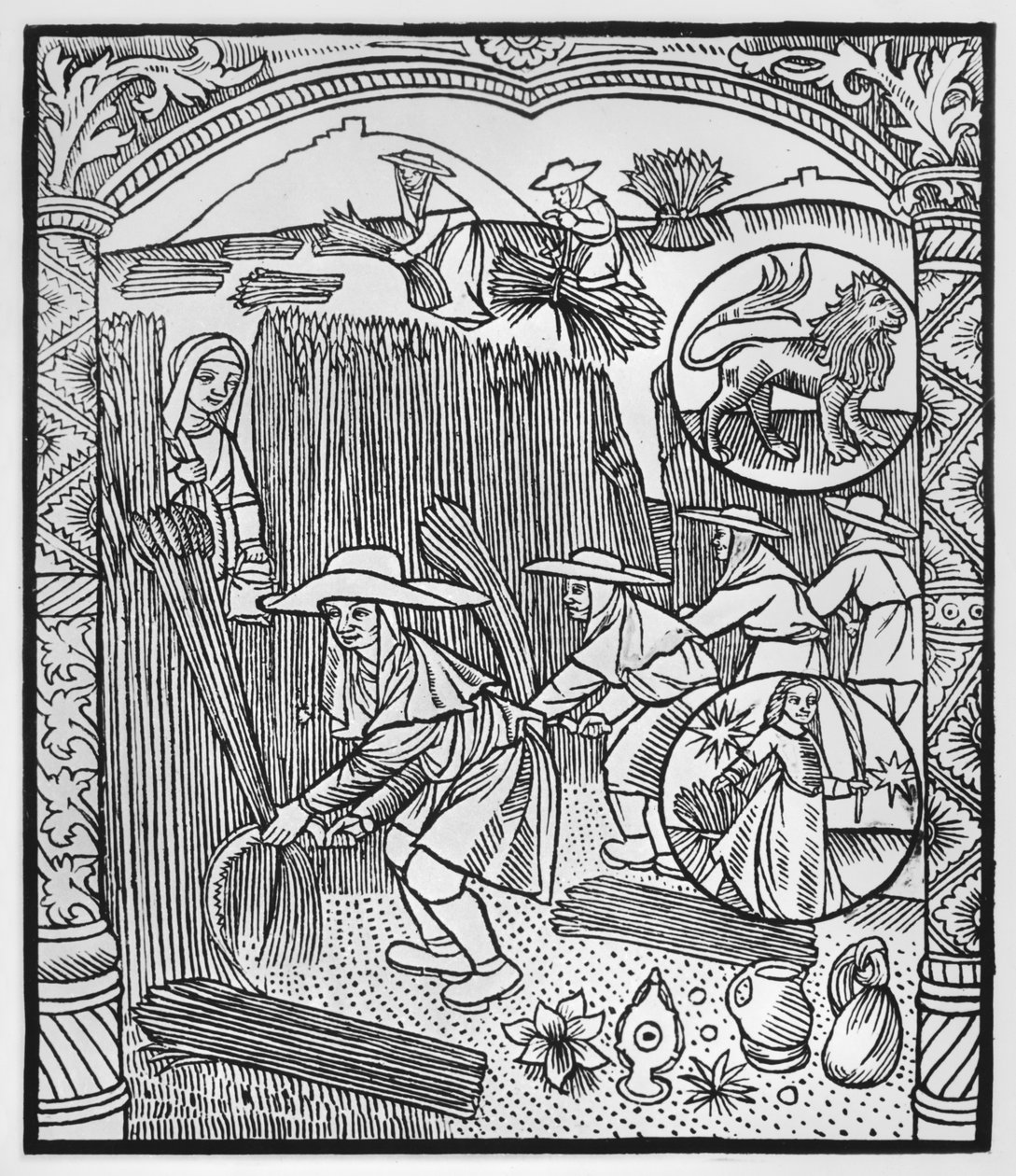 أغسطس ، الحصاد ، ليو ، رسم توضيحي من "Almanach des Bergers" ، 1491 (xylograph) بواسطة بيير لو روج