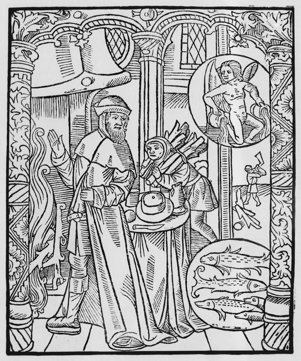 فبراير ، المشهد الداخلي ، برج الدلو ، التوضيح من "Almanach des Bergers" ، 1491 (xylograph) بواسطة بيير لو روج