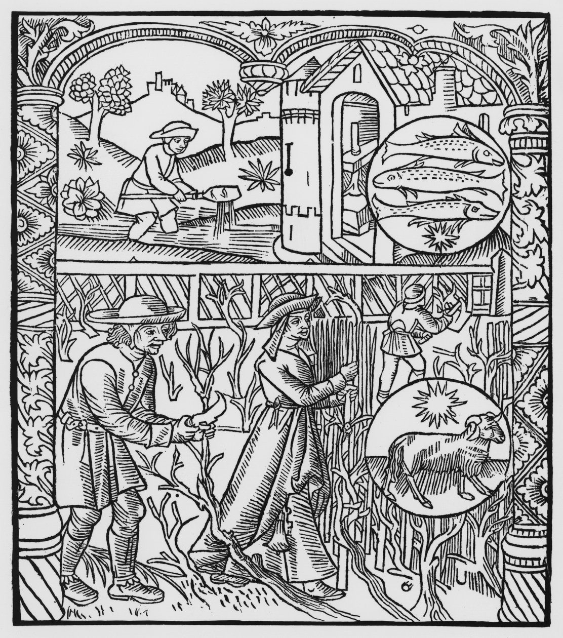 مارس ، صيد الأسماك وتقليم الأشجار ، الحوت ، رسم توضيحي من &39;Almanach des Bergers&39; ، 1491 (xylograph) بواسطة بيير لو روج