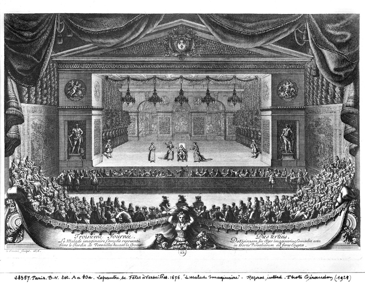 اليوم الثالث ، من فيلم "La Malade Imaginaire" لموليير (1622-73) الذي أجرى في حديقة فرساي ، 1676 بواسطة بيير ليبوتر