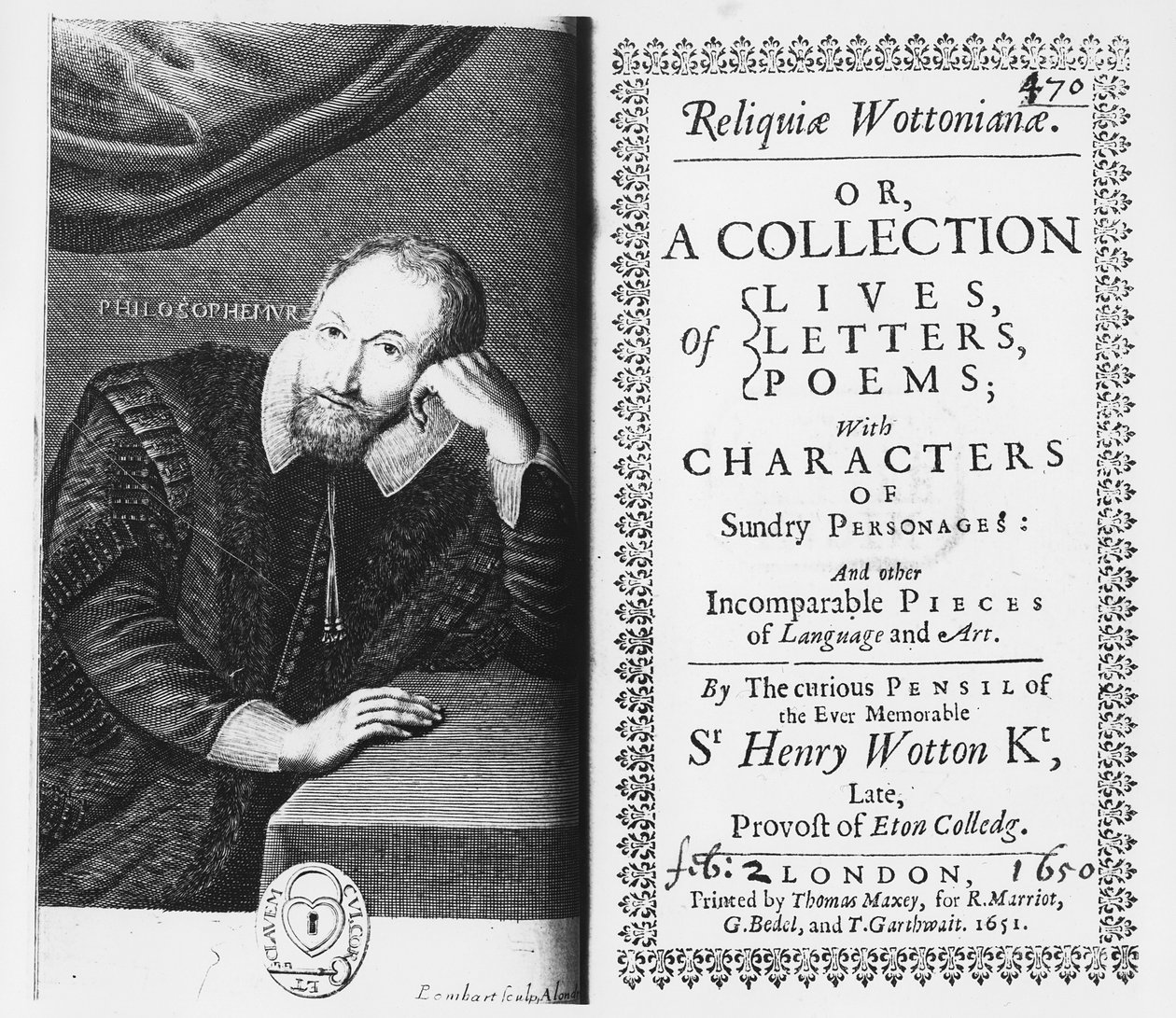 صفحة العنوان وصورة عن "Reliquiae Wottonianiae" ، 1651 بواسطة بيير لومبارد أو لومبارت
