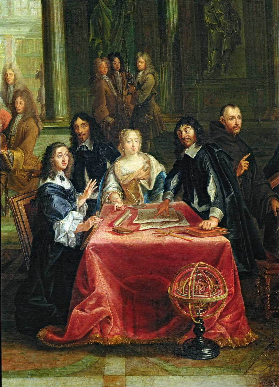 كريستينا السويد (1626-1689) ومحكمتها: تفاصيل الملكة ورينيه ديكارت (1596-1650) على الطاولة (انظر 28038) بواسطة بيير لويس الأصغر Dumesnil