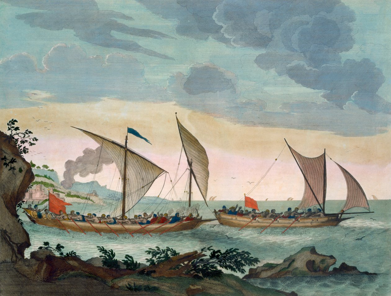 بريطاني يطارد الفلوكة ، وعلى وشك الصعود إليها ، من "Le Naptune Francois" ، c.1693-1700 (نقش يدوي) بواسطة بيير مورتير