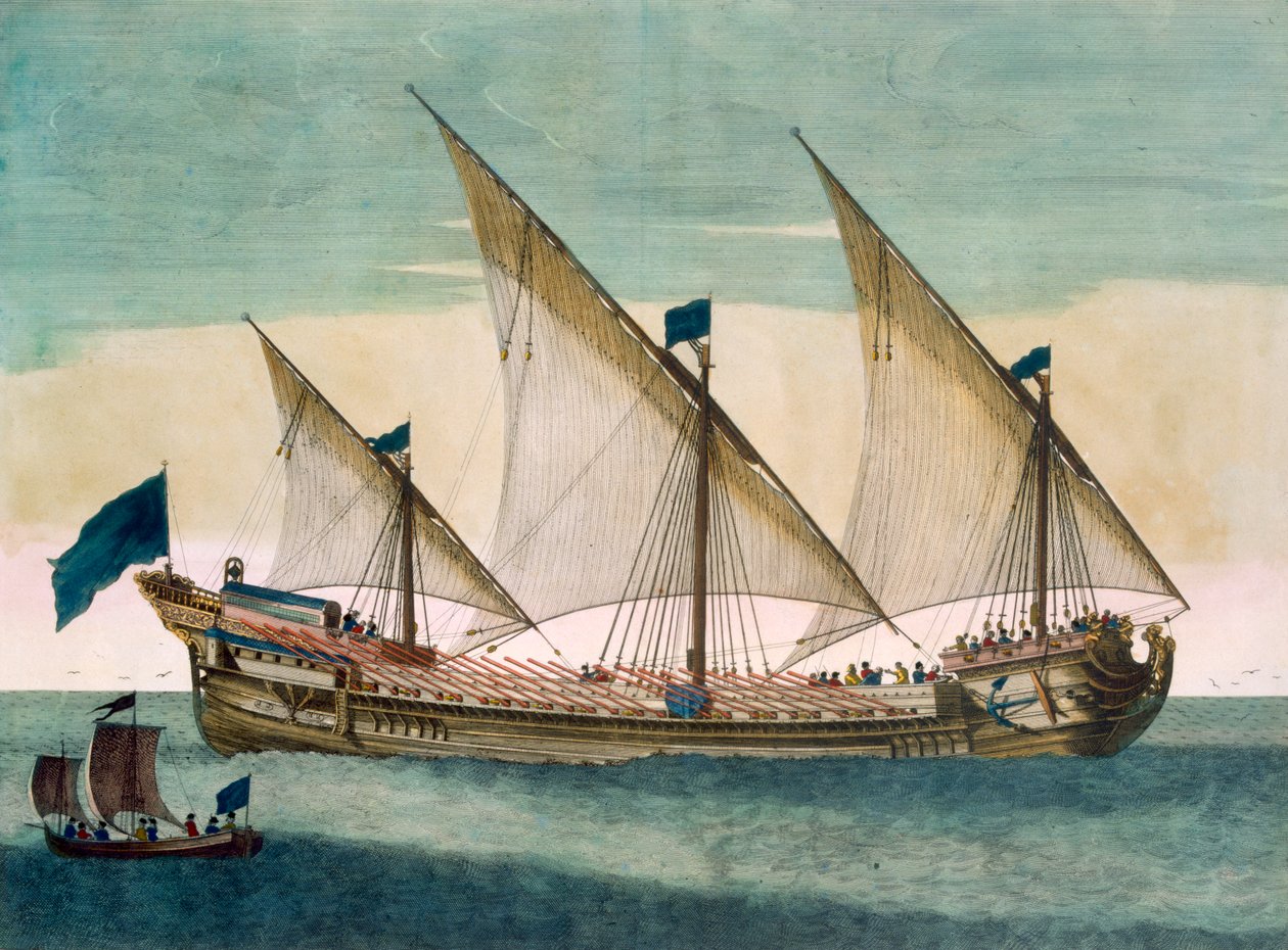جالياس بثلاث سارية قيد التنفيذ عن طريق الشراع ، المجاديف المشحونة ، من "Le Naptune Francois" ، c.1693-1700 (نقش يدوي) بواسطة بيير مورتير