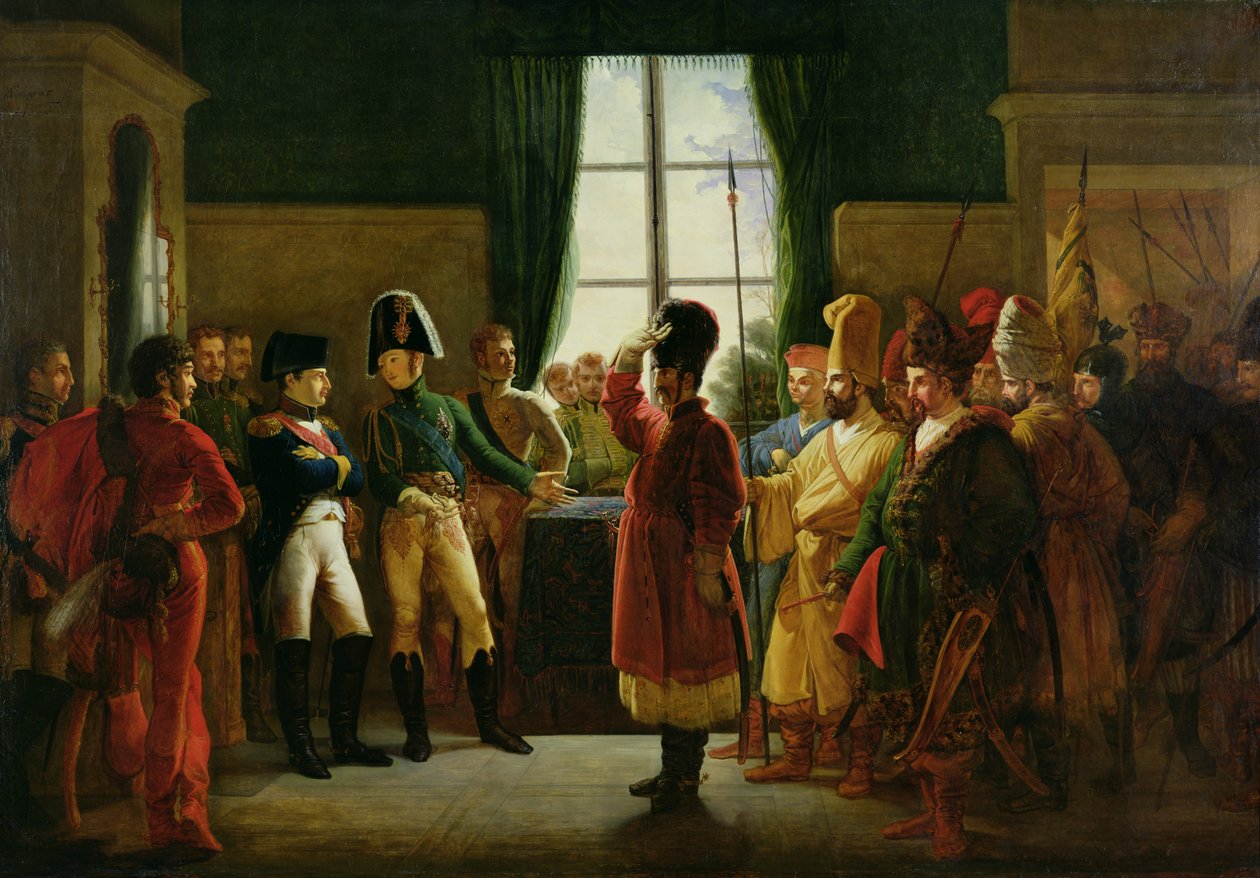 ألكسندر الأول (1777-1825) تقديم كالموكس والقوزاق والبشكير لنابليون الأول (1769-1821) في تيلسيت في يوليو 1807 ، 1807-10 بواسطة بيير نولاسك برجريت