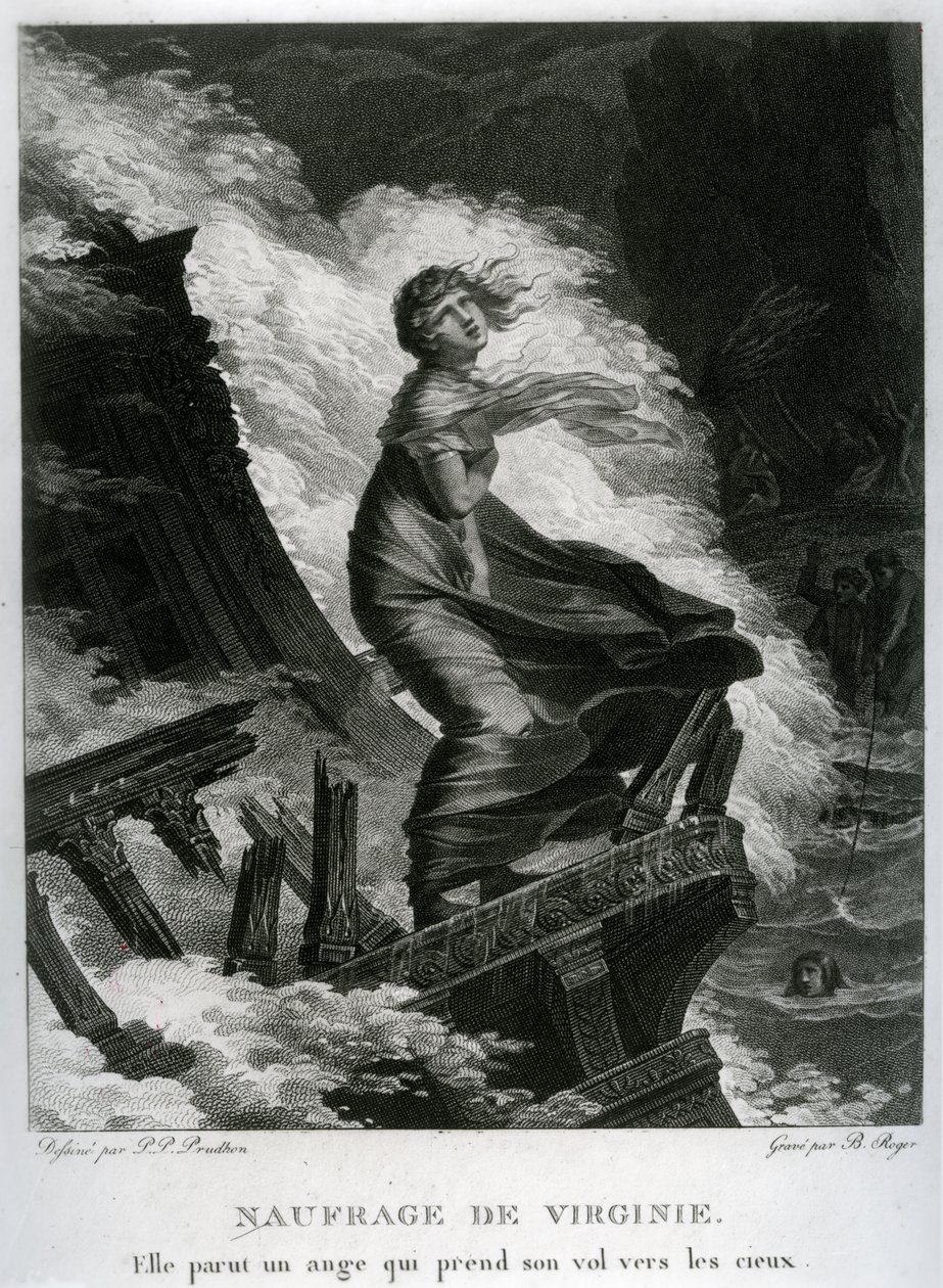 حطام سفينة فيرجيني ، رسم توضيحي لـ "بول إي فيرجيني" بقلم برناردين دي سان بيير (1737-1814) منقوش بواسطة بارتيليمي روجر (1767-1841) بواسطة بيير بول برودون