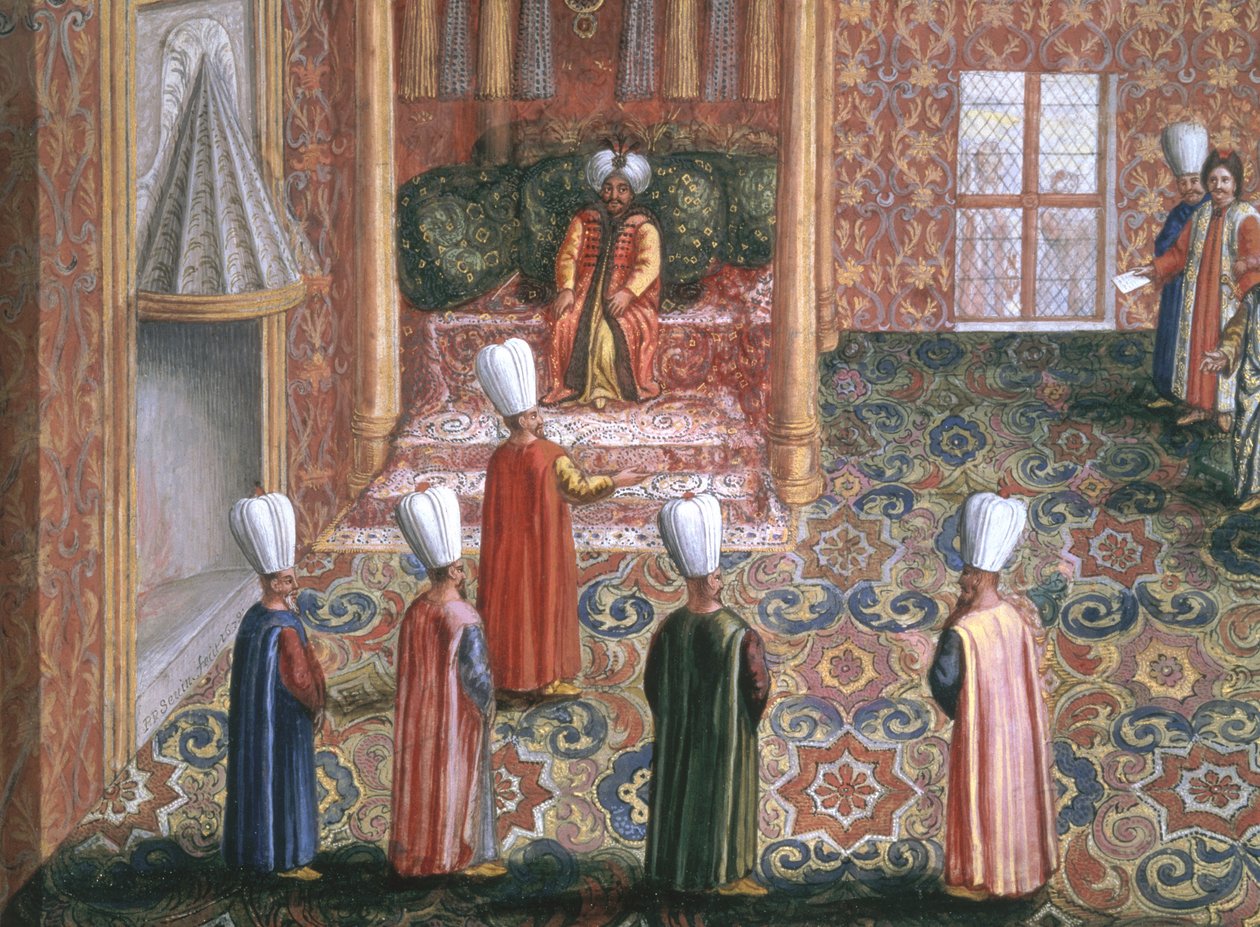 البعثة الدبلوماسية لـ Jan Gninski إلى اسطنبول ، جمهور المبعوث البولندي مع السلطان Machmed ، 1679 (الغواش بأوراق الذهب على الورق) بواسطة بيير بول سيفين