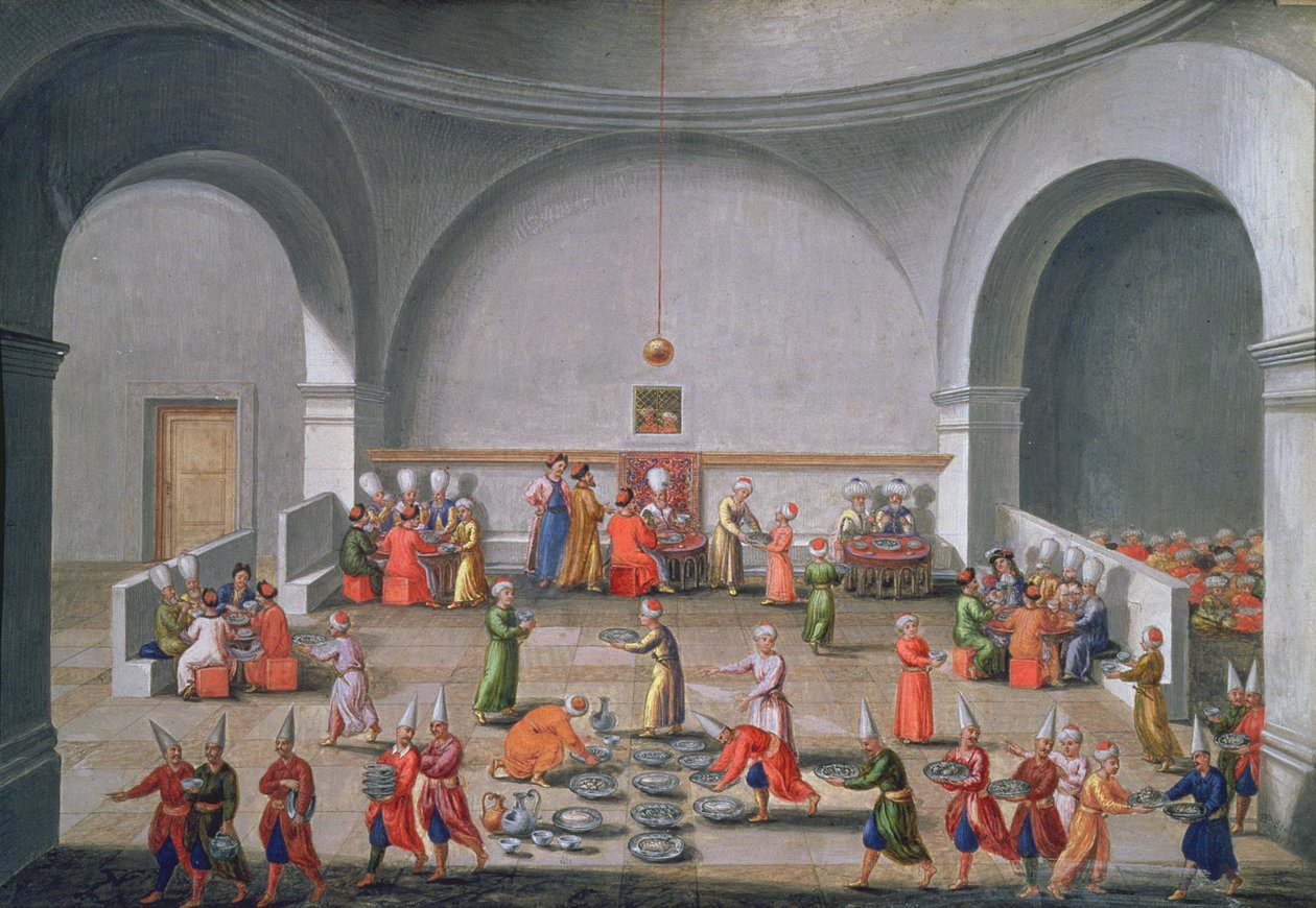 البعثة الدبلوماسية لـ Jan Gninski إلى اسطنبول ، عشاء على شرف البعثة البولندية ، 1679 (الغواش بأوراق الذهب على الورق) بواسطة بيير بول سيفين