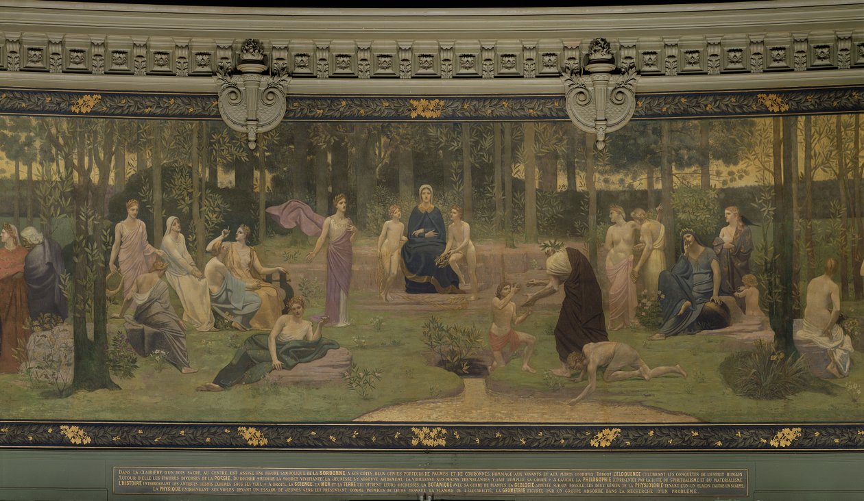 The Sacred Wood ، الجدارية الجدارية في المدرج الكبير ، التفاصيل المركزية للسوربون ، البلاغة ، الشعر ، مصدر وعلم منح الحياة ، 1887-89 (تفاصيل 88480) بواسطة بيير بوفيس دي شافان