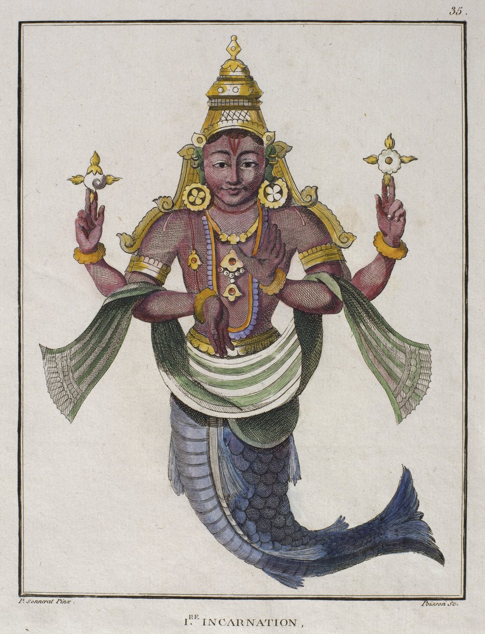 الصورة الرمزية الأولى لـ Vishnu باسم "The Fish" ، رسم توضيحي من "Voyage aux Indes Orientales et a la Chine" بواسطة Pierre Sonnerat ، محفور بواسطة Poisson ، 1782 (نقش الألوان) بواسطة بيير سونيرات
