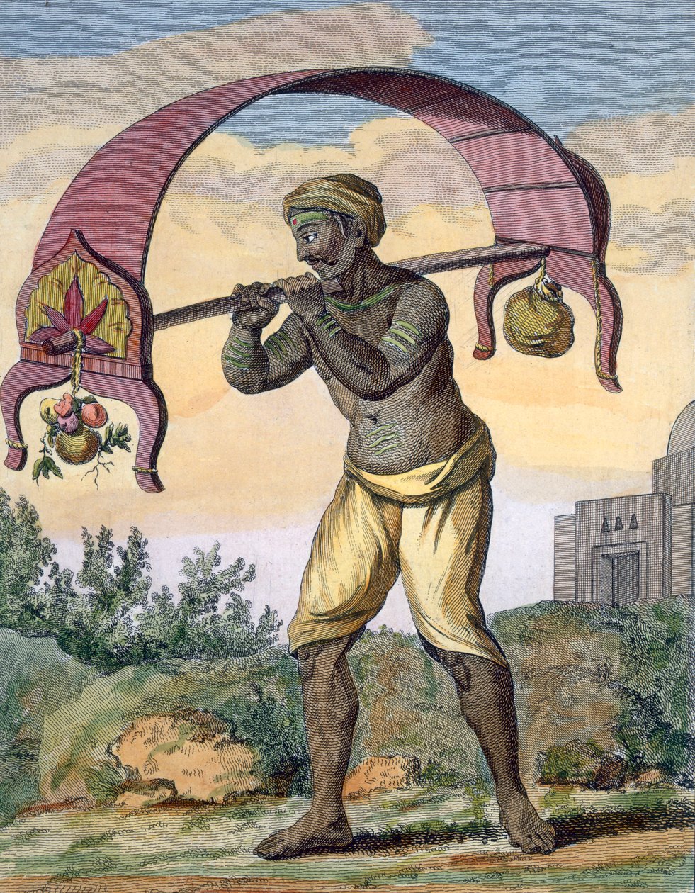 Paeni Caori (متدين ديني يحمل القرابين للآلهة) ، من "Voyage aux Indes et a la Chine" ، منقوش بواسون ، 1782 (نقش الألوان) بواسطة بيير سونيرات