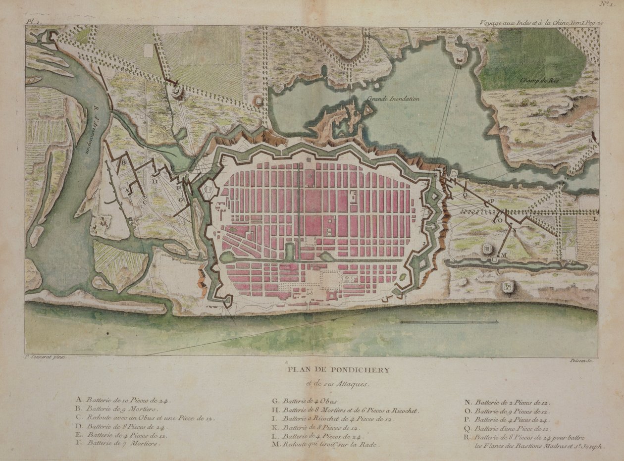 خطة بونديشيري ، من "رحلة إلى الهند والصين" ، نقشها بواسون ، نشرت عام 1782 (نقش الألوان) بواسطة بيير سونيرات