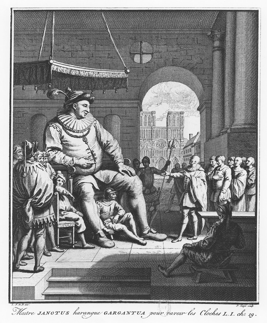 سيد يانوتوس يشرع Gargantua لاعادة الأجراس ، التوضيح من "حياة Gargantua و Pantagruel" ، من قبل فرانسوا رابيليه بواسطة بيير تانجي