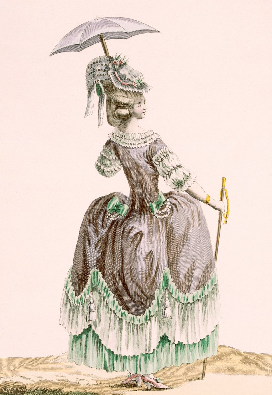 منظر خلفي لفستان التنزه الرمادي للسيدة ، المنقوش بواسطة Dupin ، اللوحة رقم 38 من "Galeries des Modes et Costumes Francais" ، c.1778-87 بواسطة بيير توماس لو كليرك