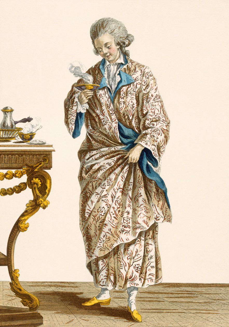 فستان من القطن المطبوع ، منقوش عليه باتاس ، اللوحة رقم 140 من "Galeries des Modes et Costumes Francais" ، c.1778-87 بواسطة بيير توماس لو كليرك