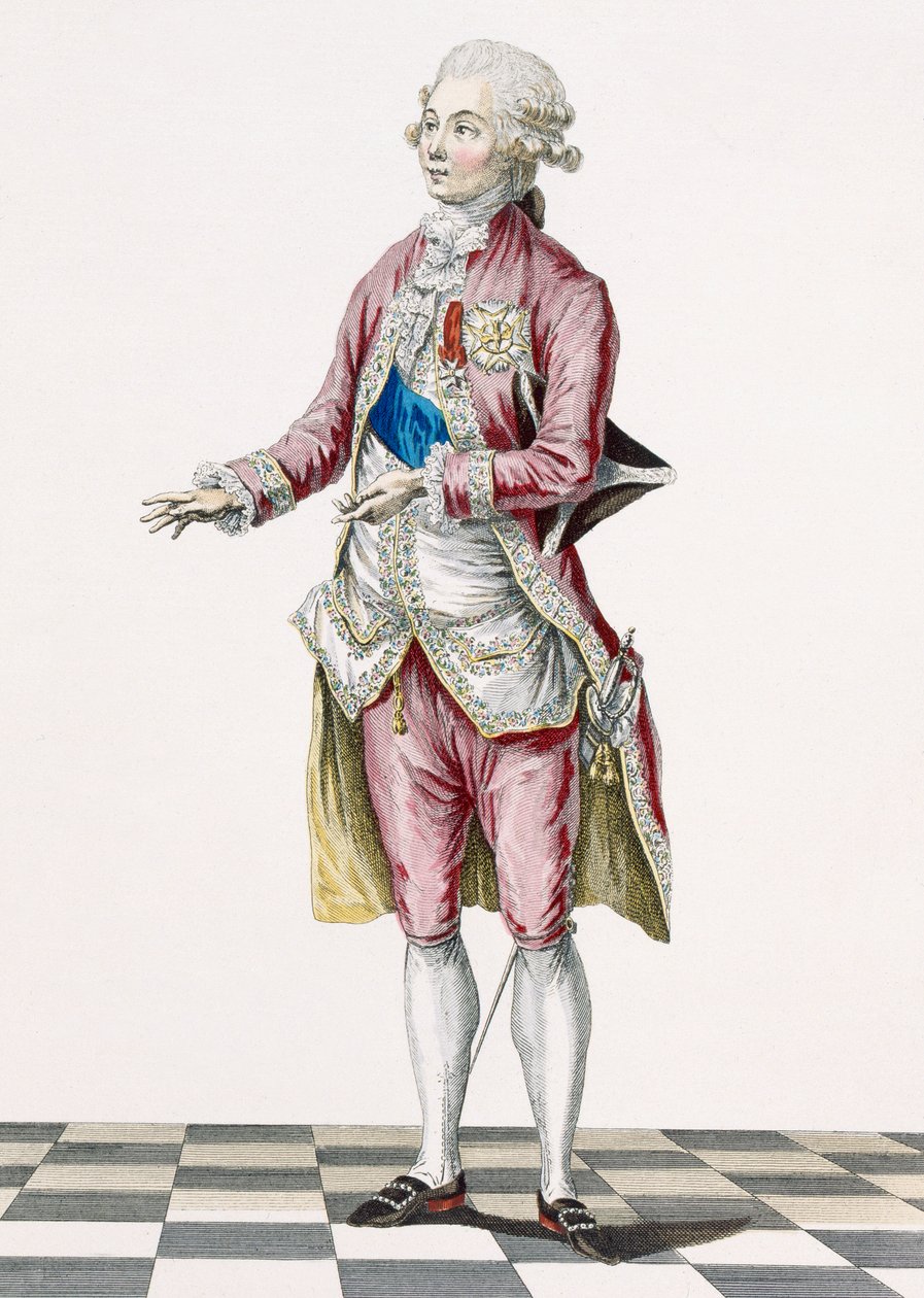 دوق في لباس ريفي مزين بأوامر الملك ، محفورًا بواسطة دوبين ، لوحة من "Galeries des Modes et Costumes Francais" ، c.1778-87 ، 1760 بواسطة بيير توماس لو كليرك