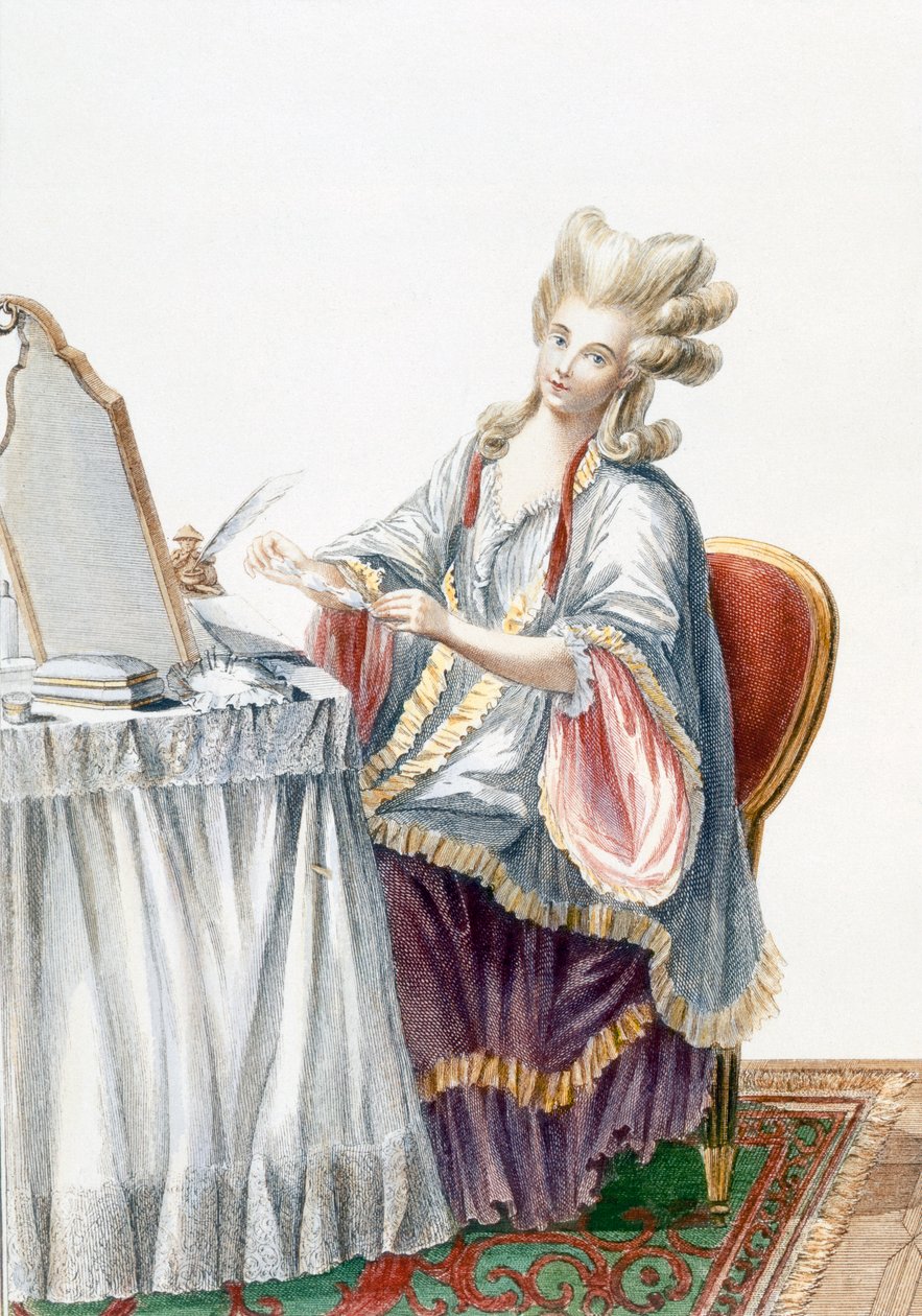 سيدة أنيقة في منضدة التزيين ، لوحة من "Galerie des Modes et Costumes Francais" ، منقوشة بواسطة Dupin ، 1778 بواسطة بيير توماس لو كليرك
