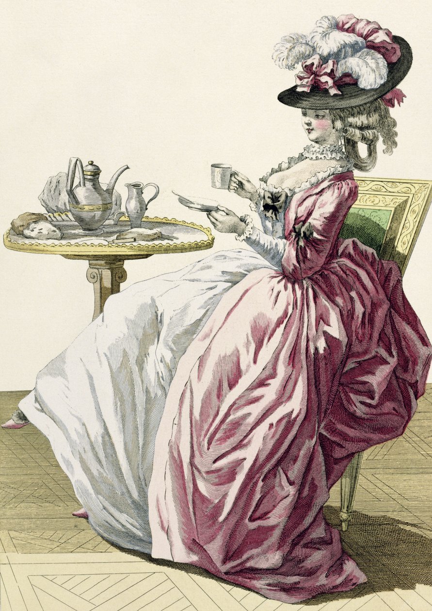 امرأة أنيقة في ثوب &39;a&39; l&39;Anglaise &39;شرب القهوة ، لوحة 183 من "Galerie des Modes et Costumes Francais" ، منقوش بواسطة Bacquoy ، 1778 بواسطة بيير توماس لو كليرك