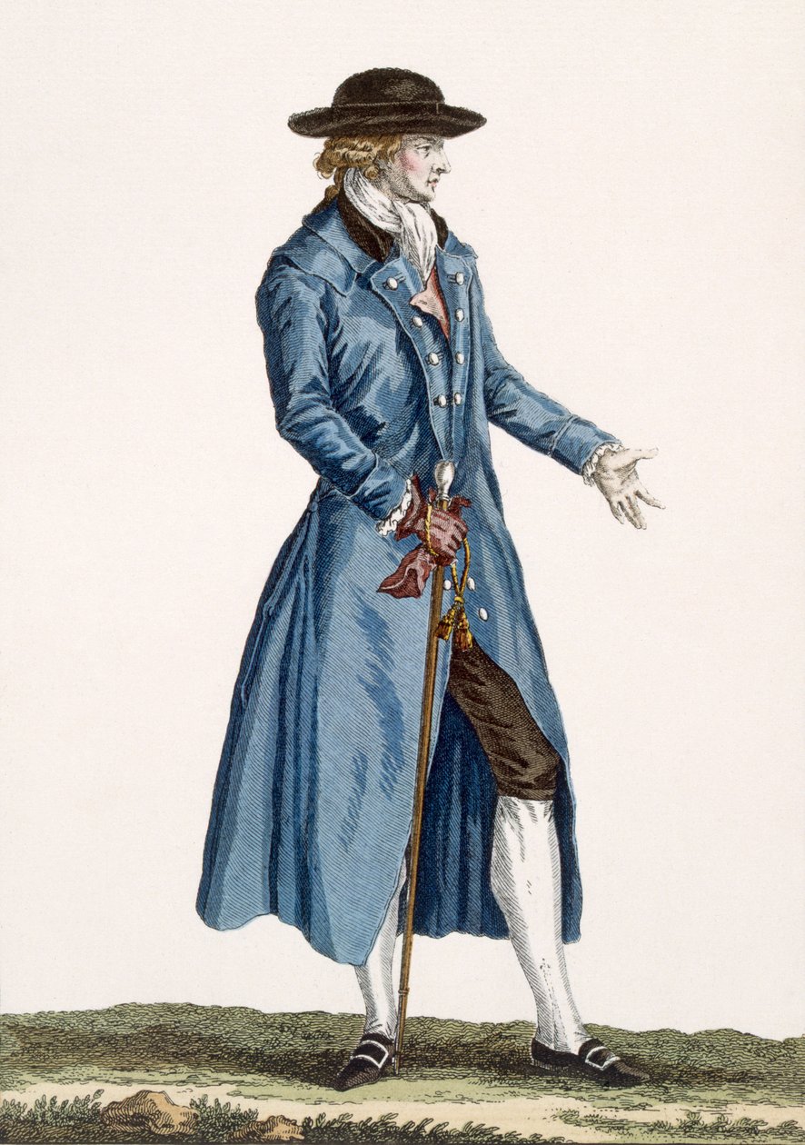رجل في معطف أزرق ، لوحة من "Galeries des Modes et Costumes Francais" ، 1778-87 بواسطة بيير توماس لو كليرك