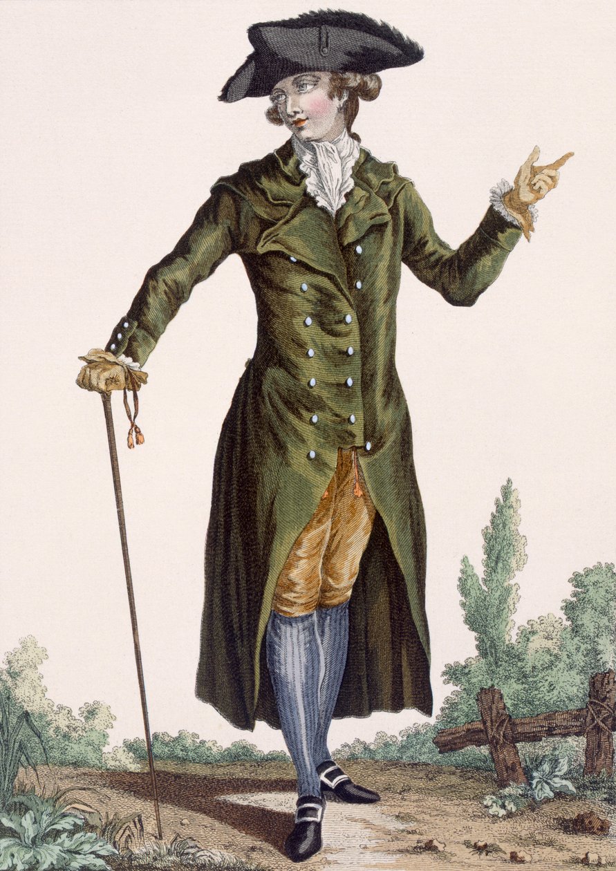 رجل يرتدي معطفًا أخضر ، لوحة من "Galeries des Modes et Costumes Francais" ، 1778-87 بواسطة بيير توماس لو كليرك
