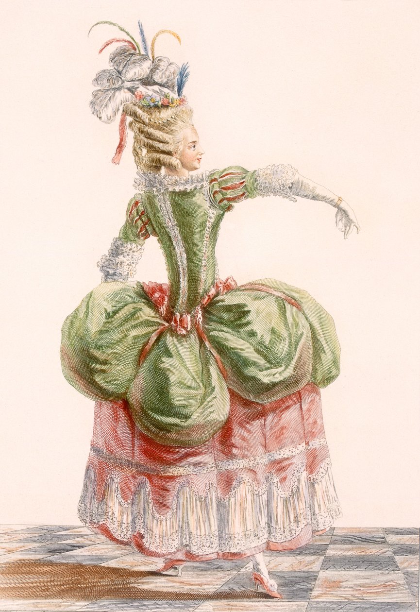 فستان سهرة للسيدات ، منقوش من Dupin ، لوحة من "Galeries des Modes et Costumes Francais" ، c.1778-87 99: ملابس ؛ لباس تقليدي لباس تقليدي؛ موضه؛ توضيح؛ بواسطة بيير توماس لو كليرك