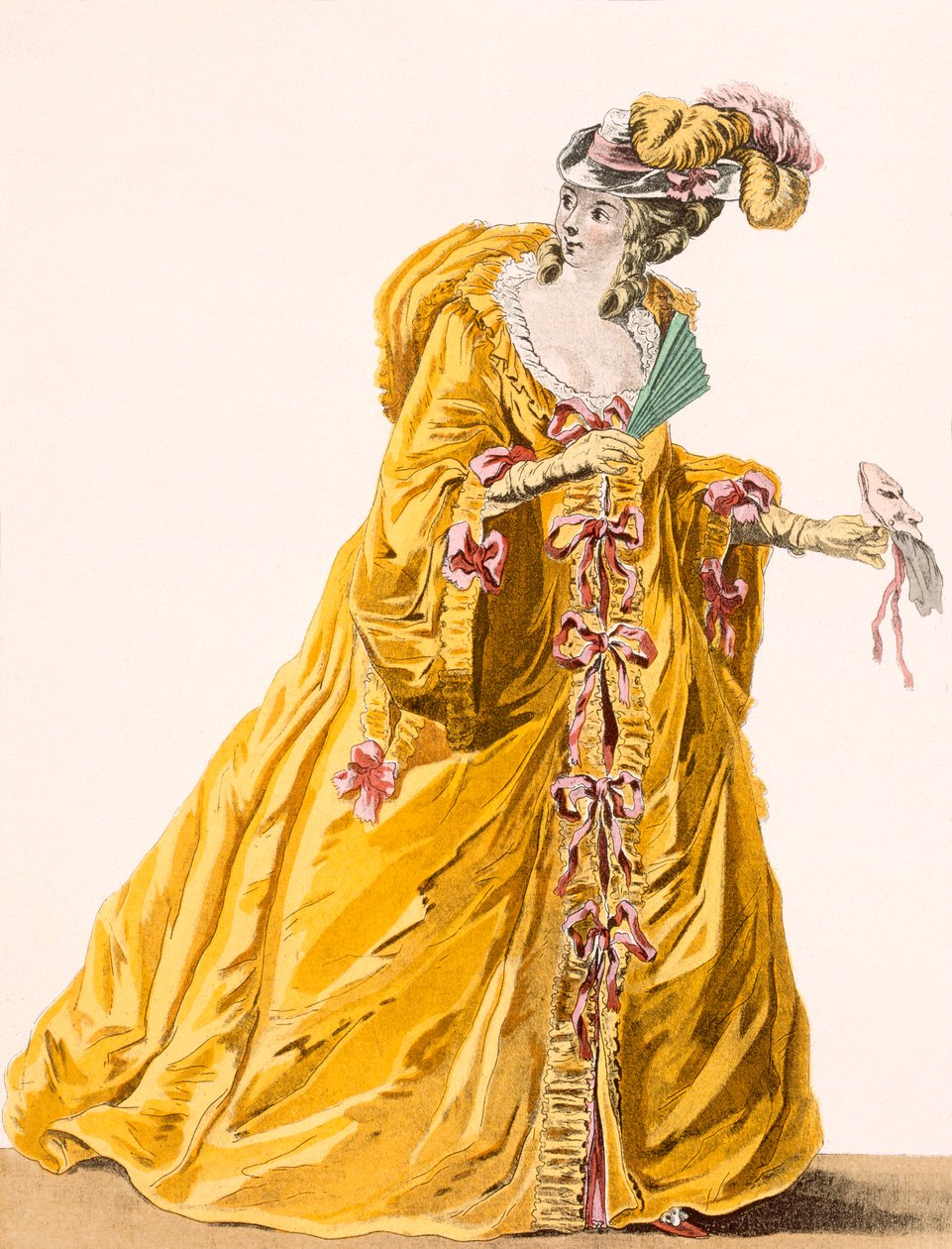 سيدة ترتدي فستان "Grand Domino" للارتداء إلى "Bal Matique" ، منقوش بواسطة Janninet ، اللوحة رقم 170 من "Galeries des Modes et Costumes Francais" ، c.1778-87 99: ملابس ؛ فستان تقليدي بواسطة بيير توماس لو كليرك