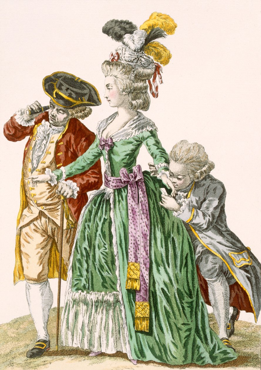 سيدة المحكمة محاطة بالخدم الذكور ، محفورة من قبل Petisoier ، اللوحة رقم 124 من "Galeries des Modes et Costumes Francais" ، c.1778-87 99: ملابس ؛ لباس تقليدي التقليد بواسطة بيير توماس لو كليرك