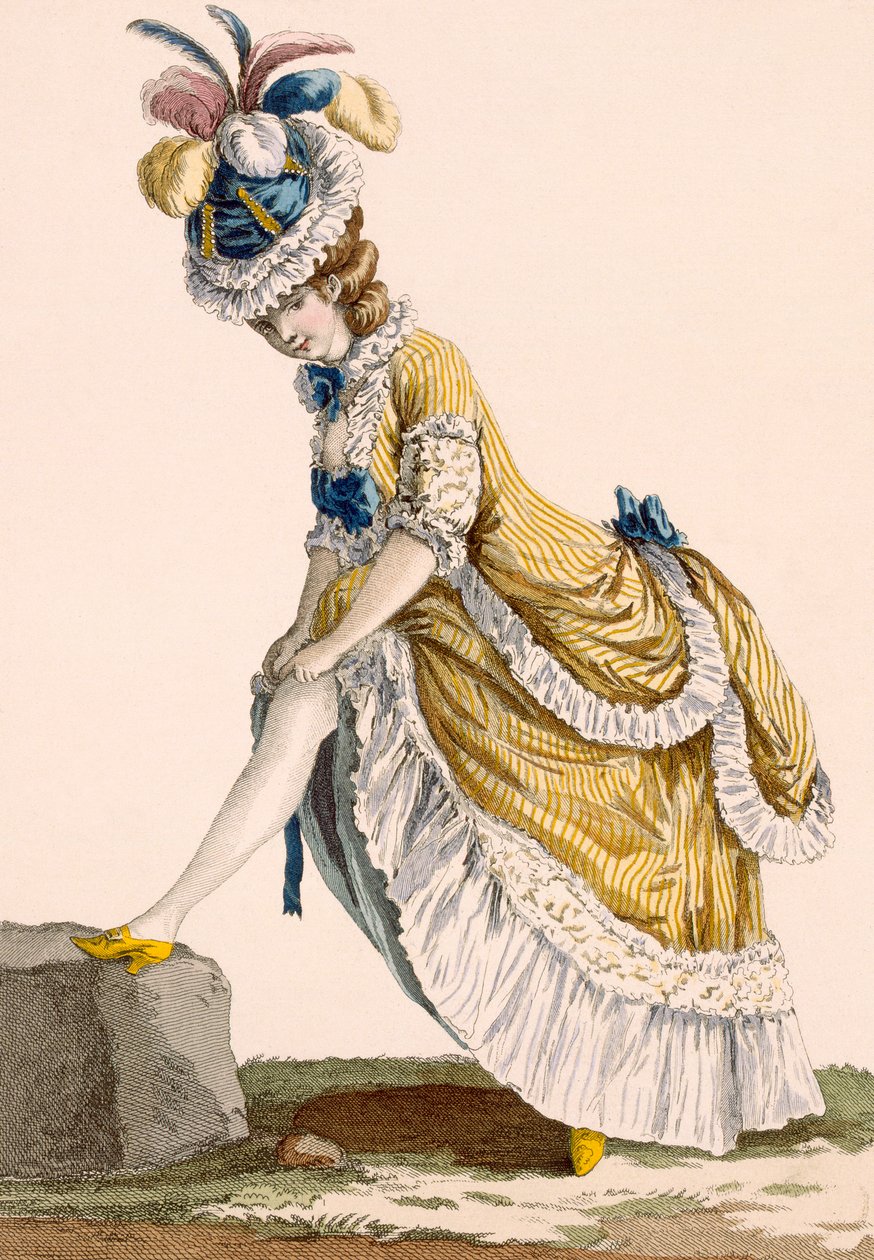 سيدة تشدّ جوربها ، محفورة من قبل لو بو ، اللوحة رقم 1 من "Galeries des Modes et Costumes Francais" ، c.1778-87 بواسطة بيير توماس لو كليرك