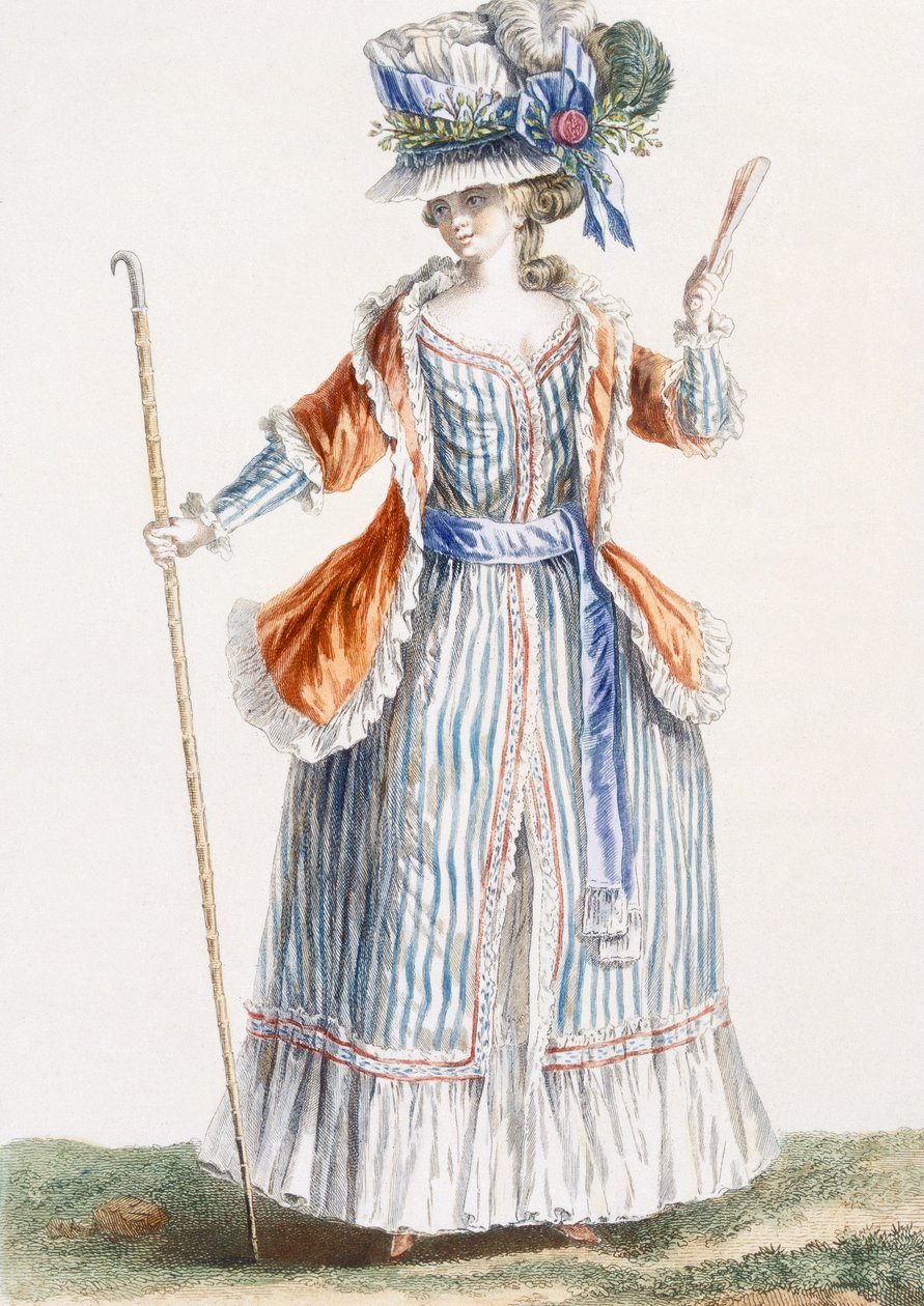 فستان ليدي على شكل رعاة ، نقش عليه باتاس ، رسم توضيحي من "غاليري ديس مودز" ، 1779 بواسطة بيير توماس لو كليرك