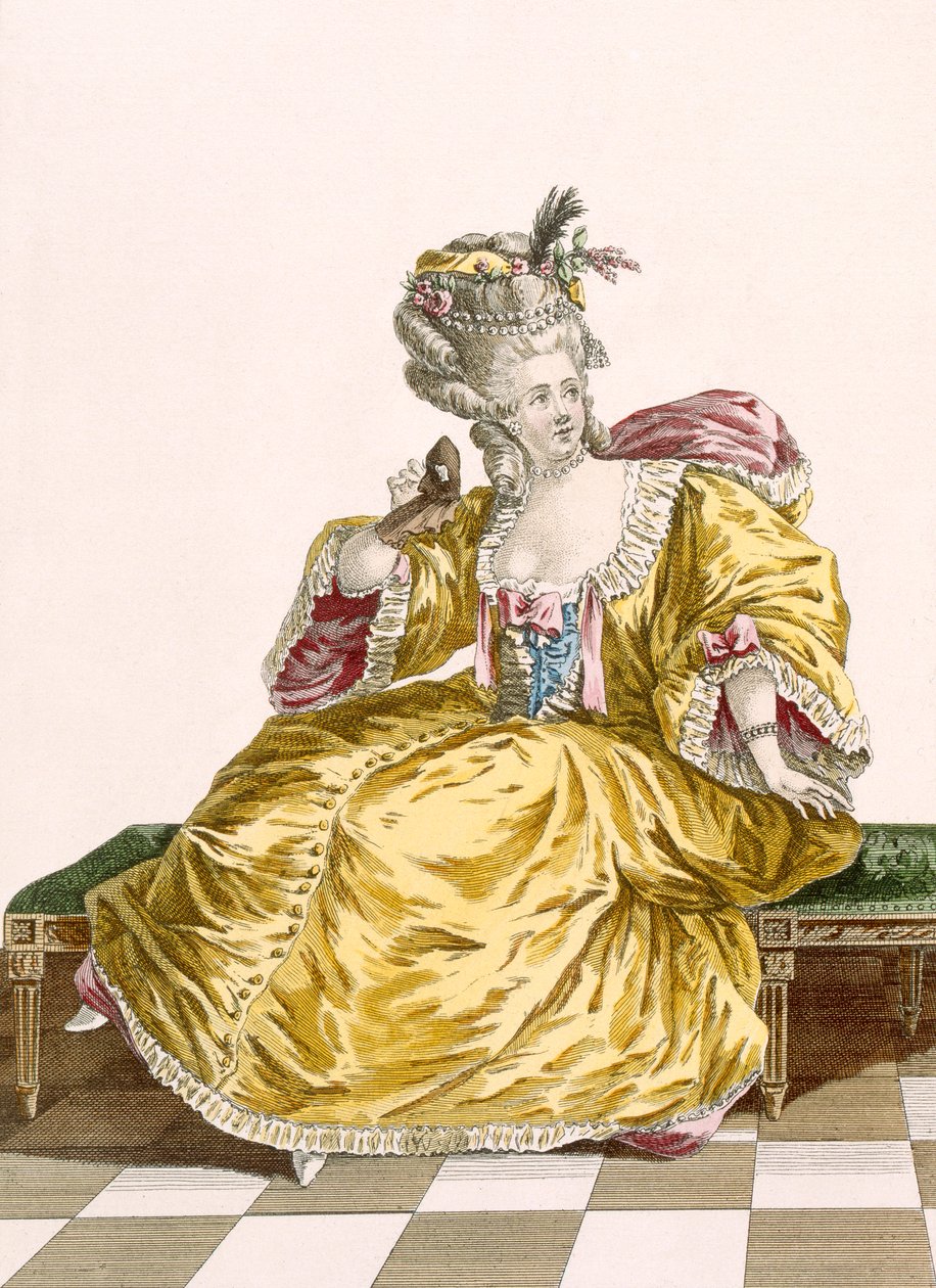 ثوب الكرة التفتا الذهبي للسيدات ، المنقوش بواسطة Patas ، اللوحة رقم 86 من "Galeries des Modes et Costumes Francais" ، c.1778-87 99: ملابس ؛ لباس تقليدي لباس تقليدي؛ أزياء بواسطة بيير توماس لو كليرك