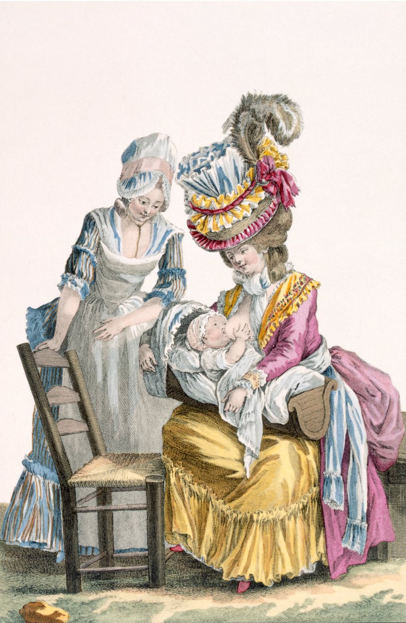 امرأة شابة في ثوب "لا لافايت" ترضع طفلها ، طبق من "Galerie des Modes et Costumes Francais" ، منقوش من قبل تشارلز إيمانويل باتاس (1744-1802) 1778 بواسطة بيير توماس لو كليرك