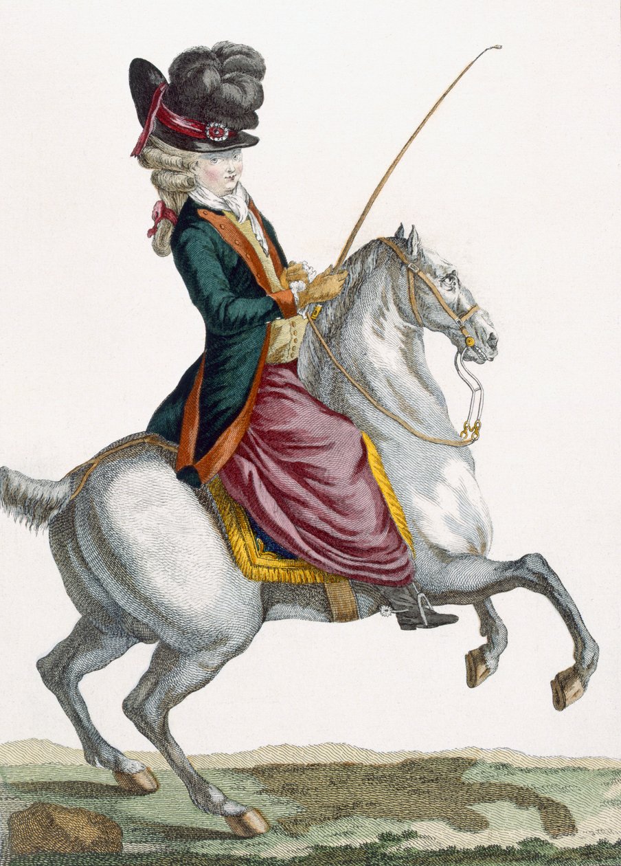 سيدة شابة تركب حصانًا ، نقشها فويزارد ، لوحة من "Galeries des Modes et Costumes Francais" ، c.1778-87 بواسطة بيير توماس لو كليرك